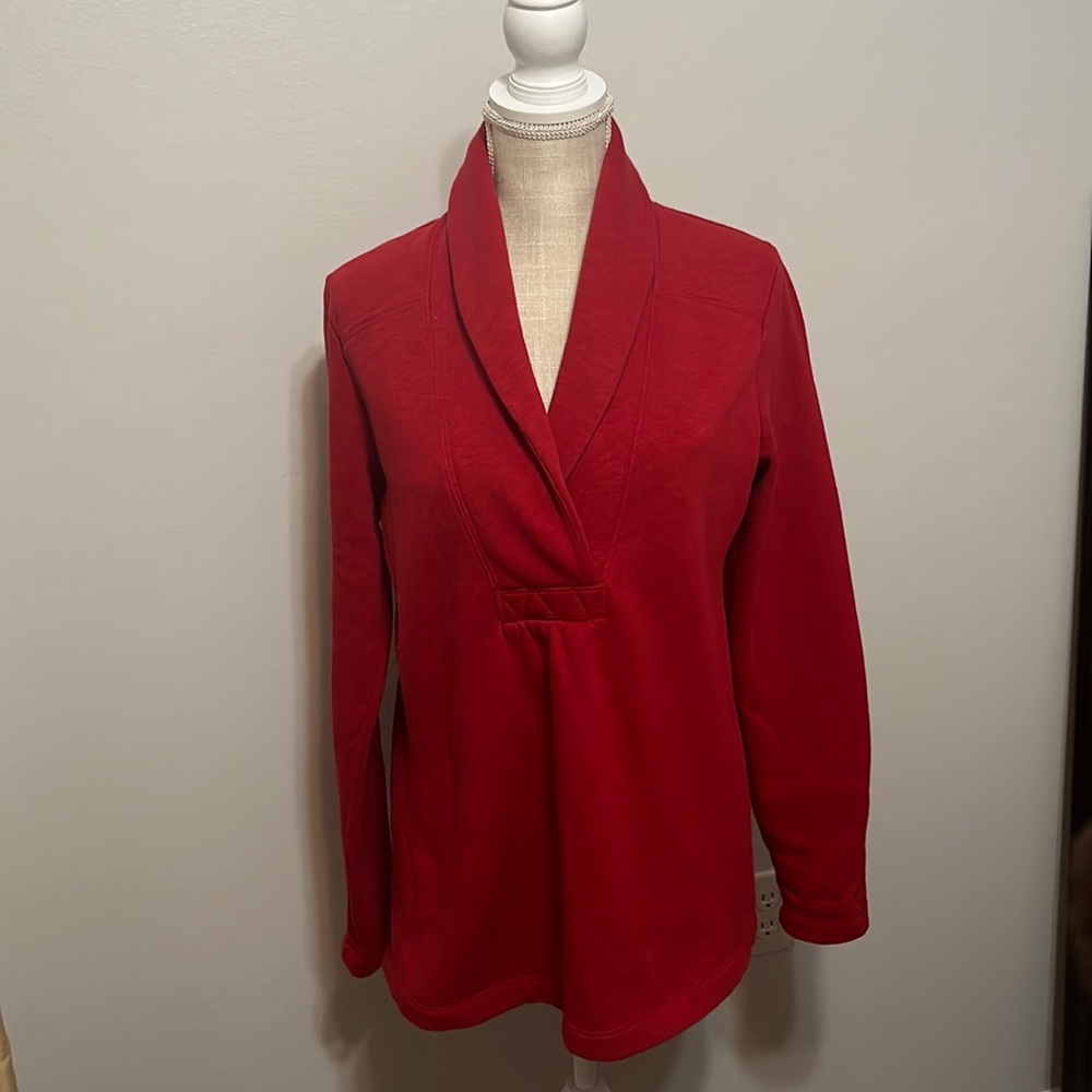 Red Sweat shirt with shawl collar, very warm. Quality fabric that washes well.